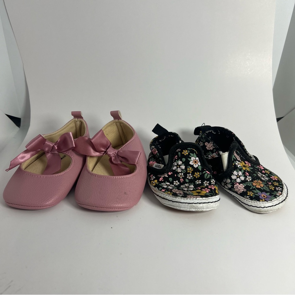 Baby Pink and Black Floral Kids Shoes Set Size 4